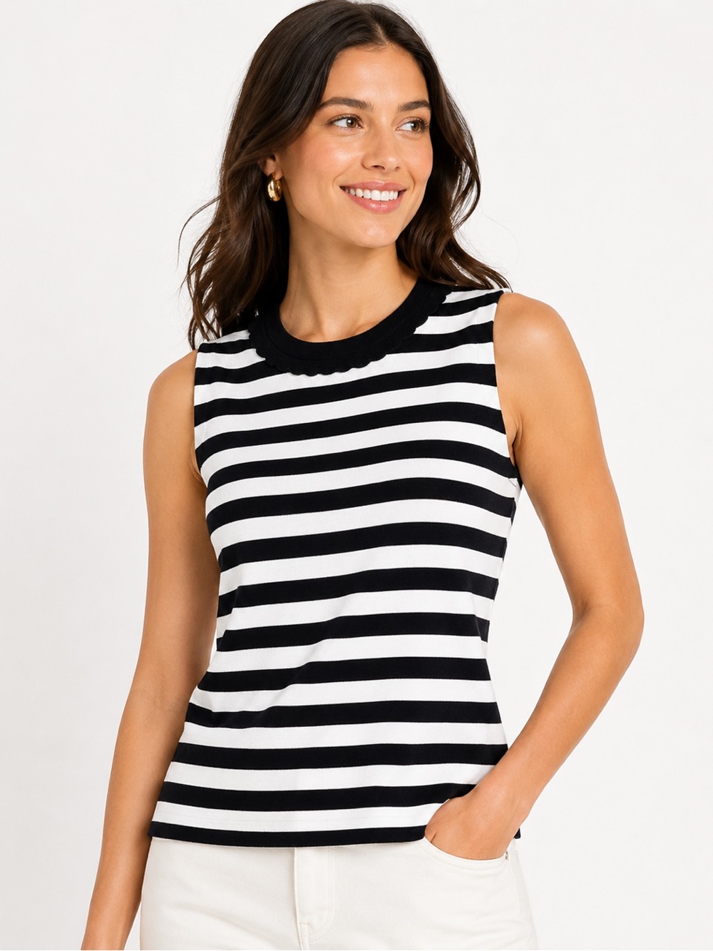 Anne Klein Black White Striped‎ Knit Top Sleeveless Nautical Parisian Classic